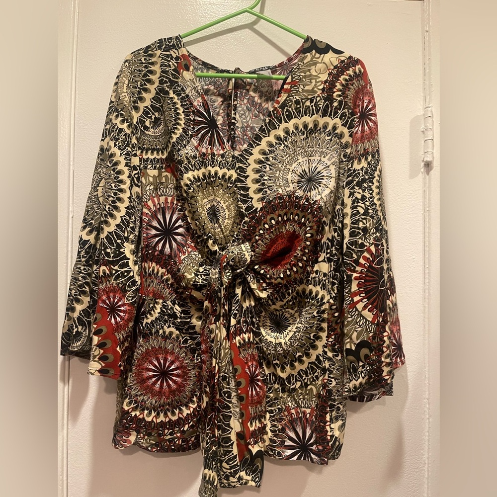 Red and Black Tie Front Blouse with 3/4 Sleeves